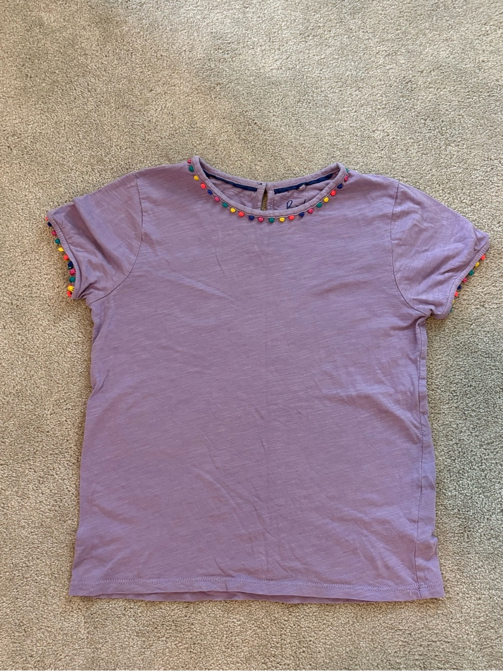 Lilac Short Sleeve Tee with Multicolor Pom Trim